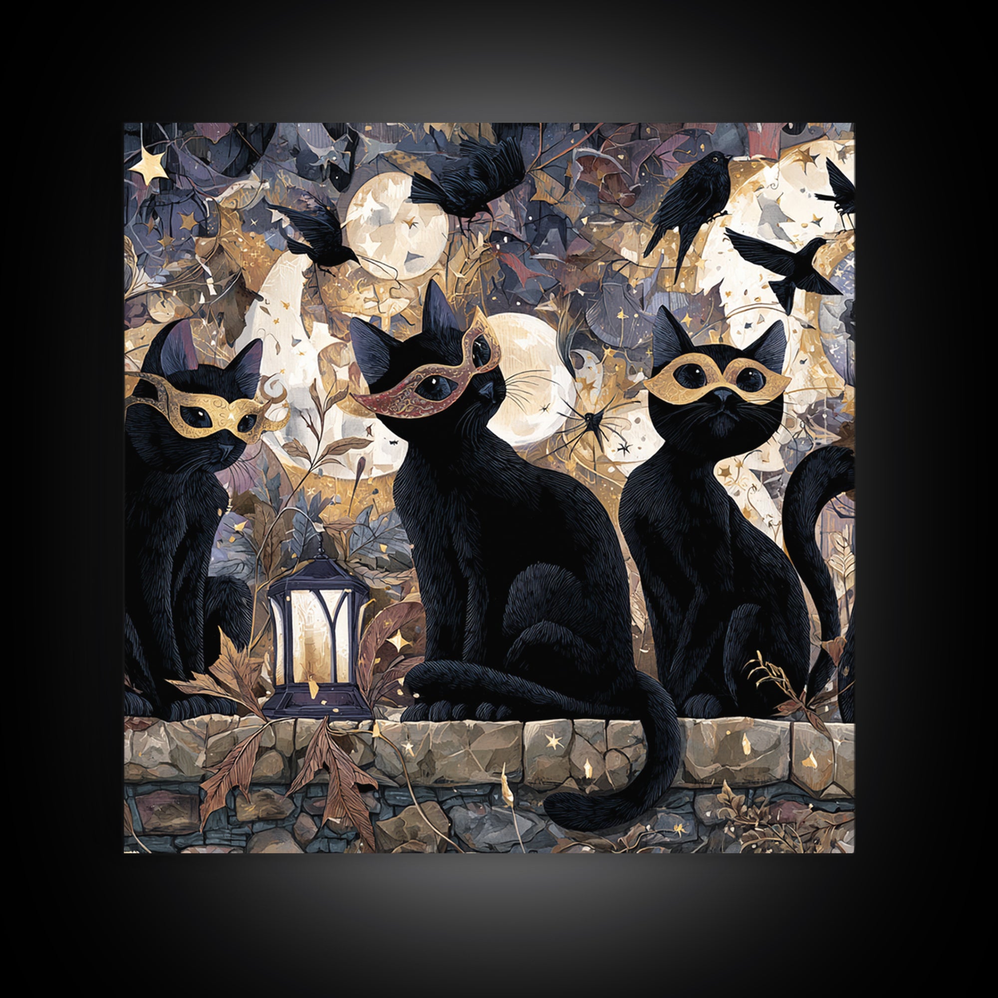 The Moonlit Cat Masquerade - Surreal Celestial Vision, Occult Wall Decor, Square Wall Art, Canvas Print, Halloween Home Decor