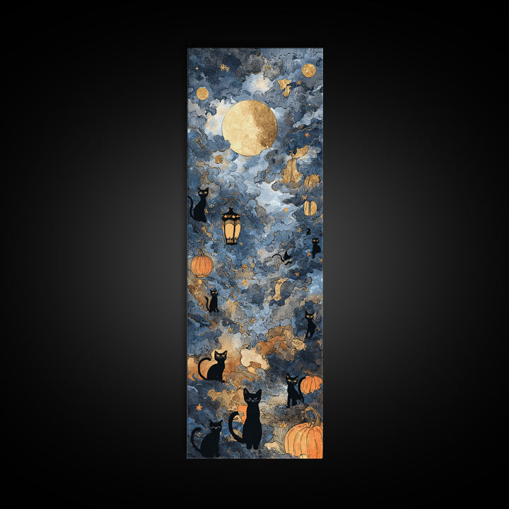 The Moonlit Cat Masquerade - Surreal Celestial Vision, Occult Wall Decor, Tall Narrow Wall Art, Canvas Print, Halloween Home Decor