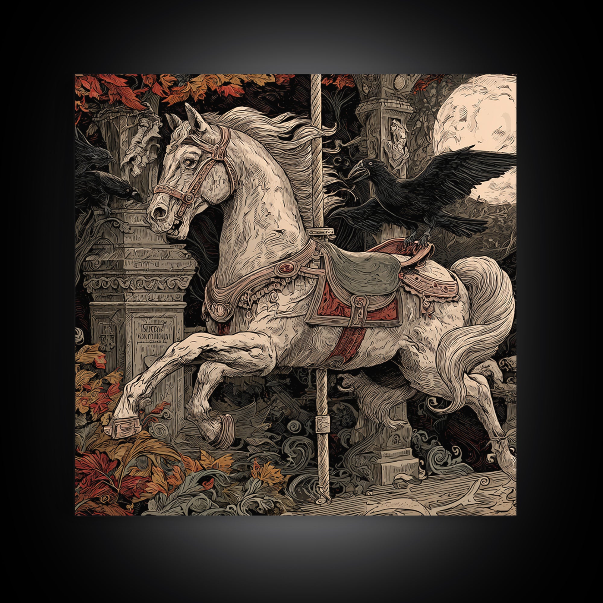 The Graveyard Carousel - Icon Portrait, Halloween Wall Art, Square Wall Art, Framed Canvas Print, Halloween Home Decor, Gothic Wall Art