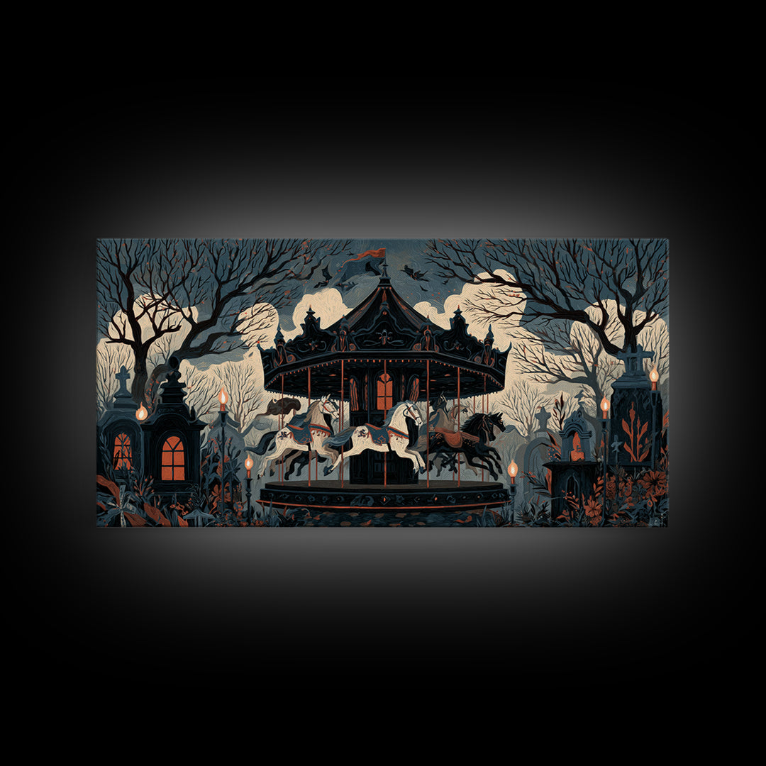 The Graveyard Carousel - Icon Portrait, Occult Wall Decor, Wide Panoramic Art, Canvas Print, Halloween Home Decor, Gothic Wall Art
