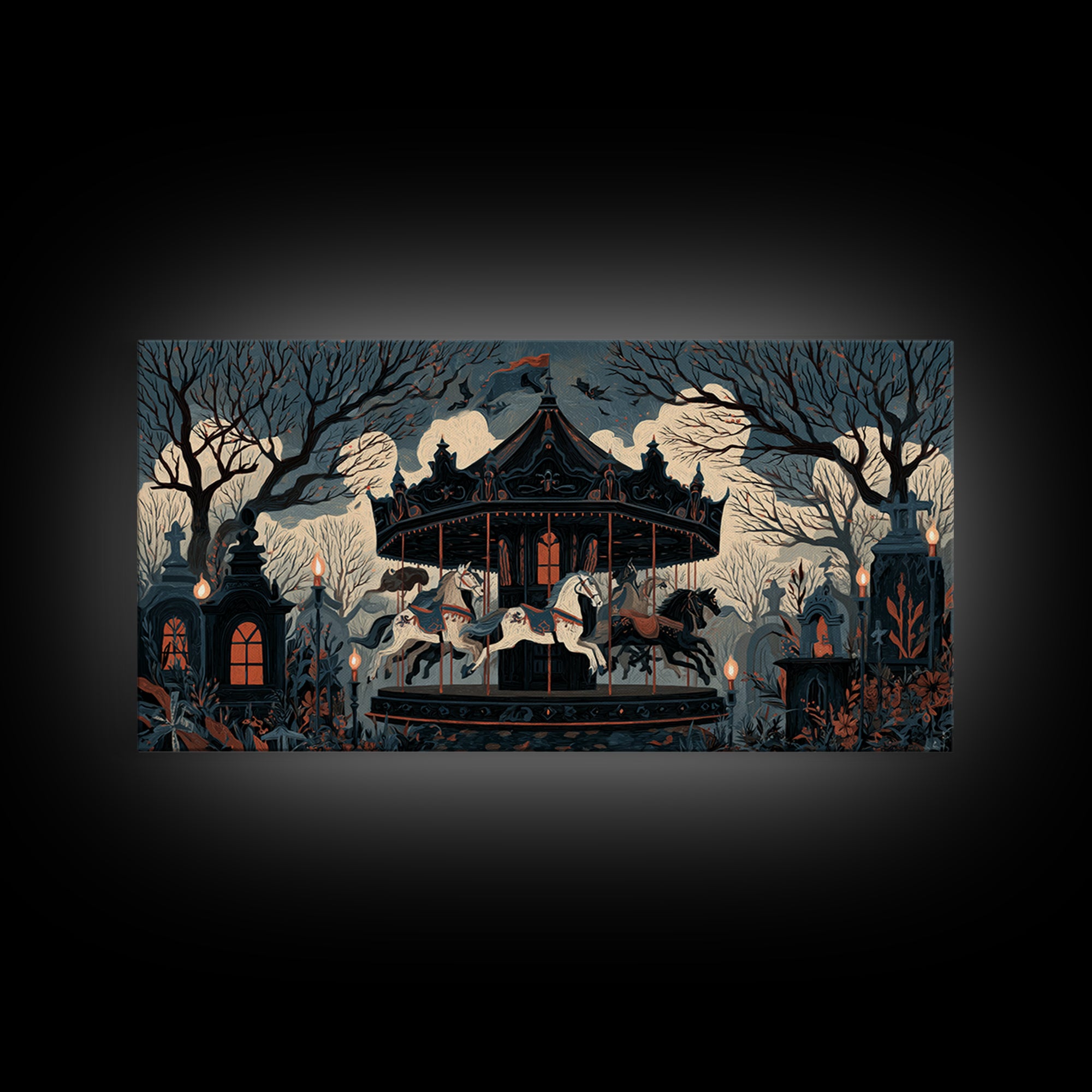 The Graveyard Carousel - Icon Portrait, Occult Wall Decor, Wide Panoramic Art, Canvas Print, Halloween Home Decor, Gothic Wall Art