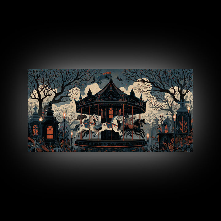 The Graveyard Carousel - Icon Portrait, Occult Wall Decor, Wide Panoramic Art, Canvas Print, Halloween Home Decor, Gothic Wall Art