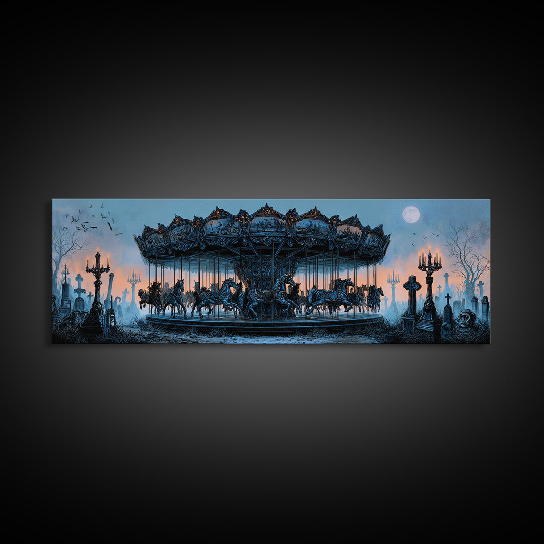 The Graveyard Carousel - Icon Portrait, Dark Fantasy Wall Art, Extra Wide Wall Art, Canvas Print, Halloween Home Decor, Gothic Wall Art