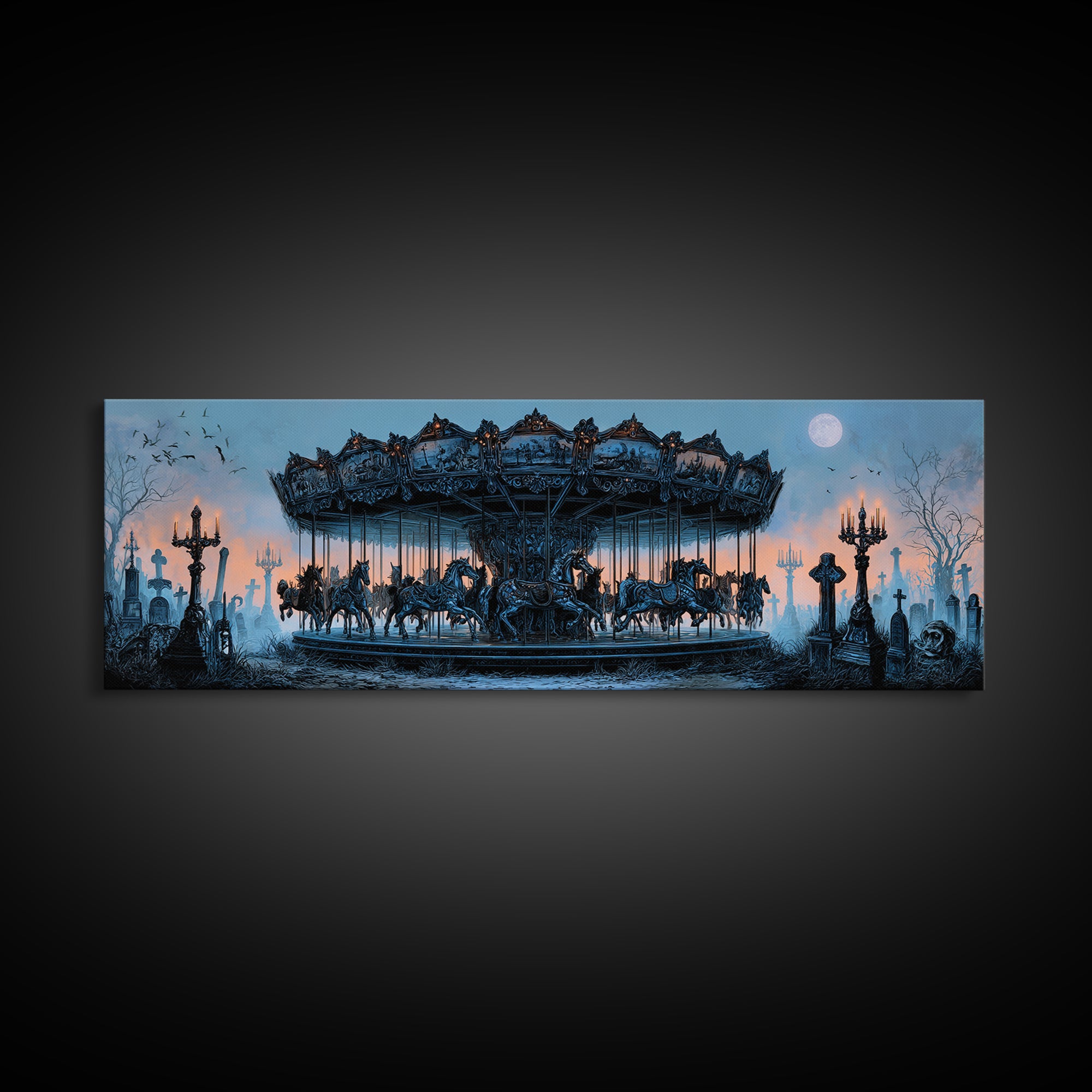 The Graveyard Carousel - Icon Portrait, Dark Fantasy Wall Art, Extra Wide Wall Art, Canvas Print, Halloween Home Decor, Gothic Wall Art