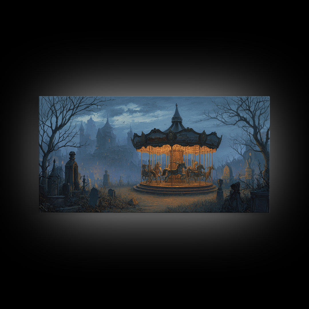 The Graveyard Carousel - Environmental Panorama, Spooky Wall Decor, Wide Panoramic Art, Framed Canvas Print, Halloween Home Decor