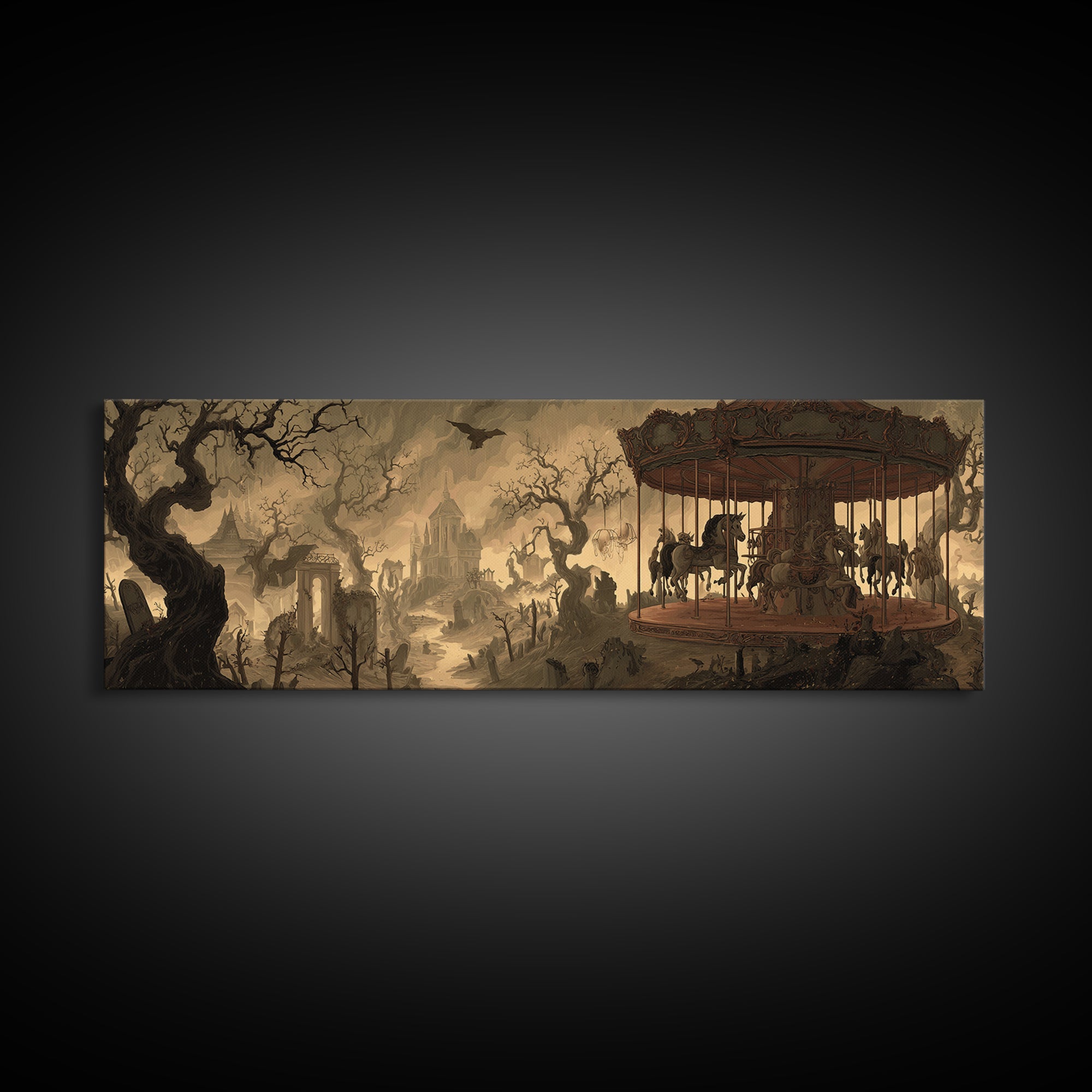 The Graveyard Carousel - Environmental Panorama, Dark Fantasy Wall Art, Extra Wide Wall Art, Canvas Print, Halloween Home Decor