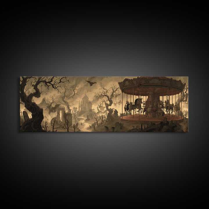 The Graveyard Carousel - Environmental Panorama, Dark Fantasy Wall Art, Extra Wide Wall Art, Canvas Print, Halloween Home Decor