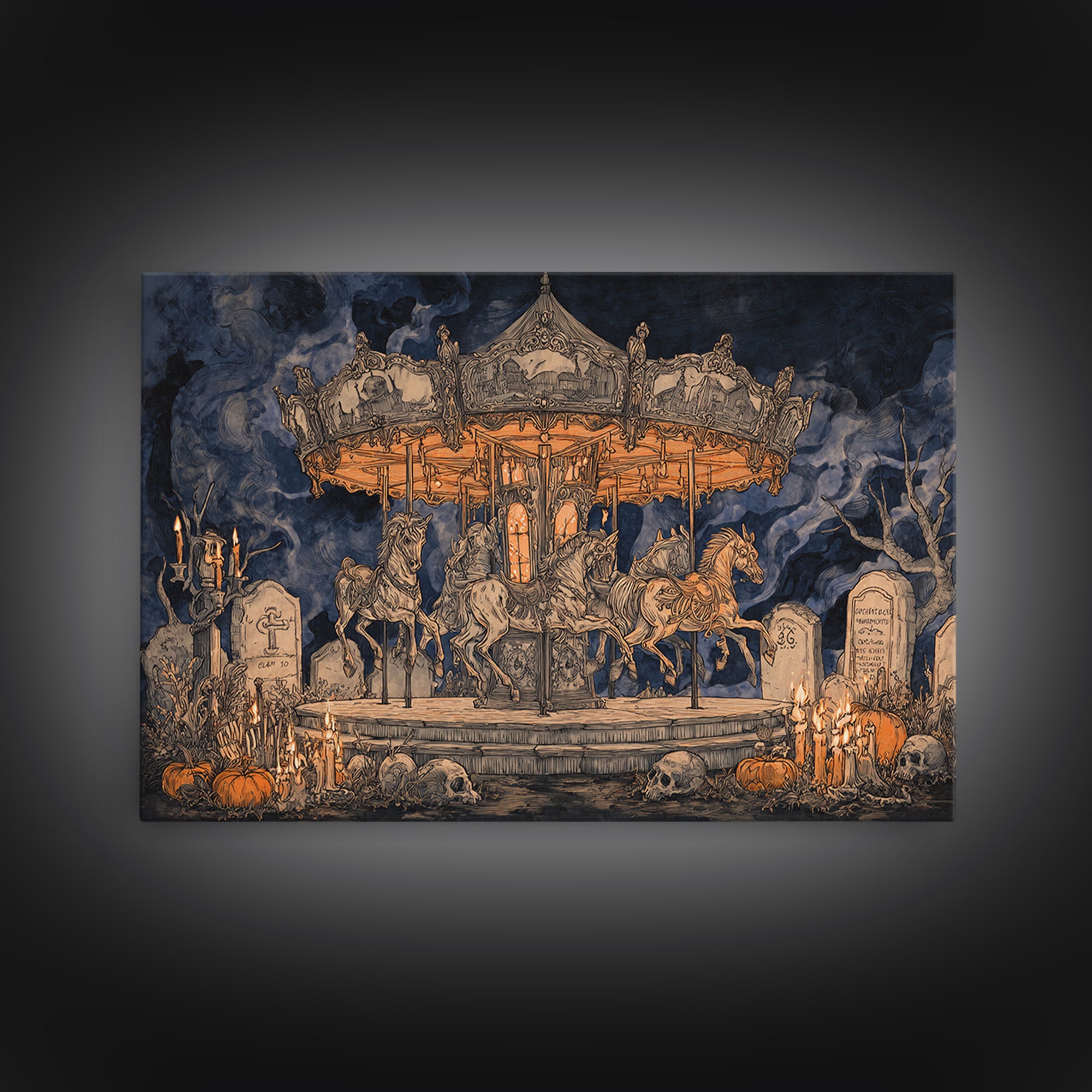 The Graveyard Carousel - Occult Still Life, Macabre Halloween Art, Landscape Wall Art, Framed Canvas Print, Halloween Home Decor