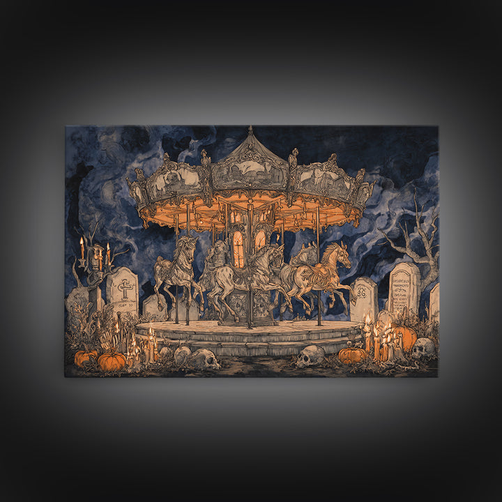 The Graveyard Carousel - Occult Still Life, Macabre Halloween Art, Landscape Wall Art, Framed Canvas Print, Halloween Home Decor