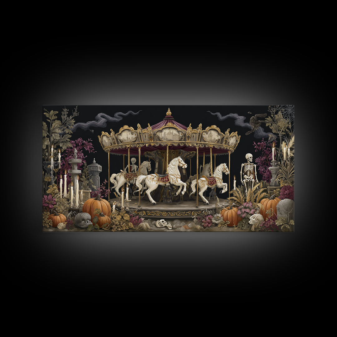The Graveyard Carousel - Occult Still Life, Occult Wall Decor, Wide Panoramic Art, Canvas Print, Halloween Home Decor, Gothic Wall Art