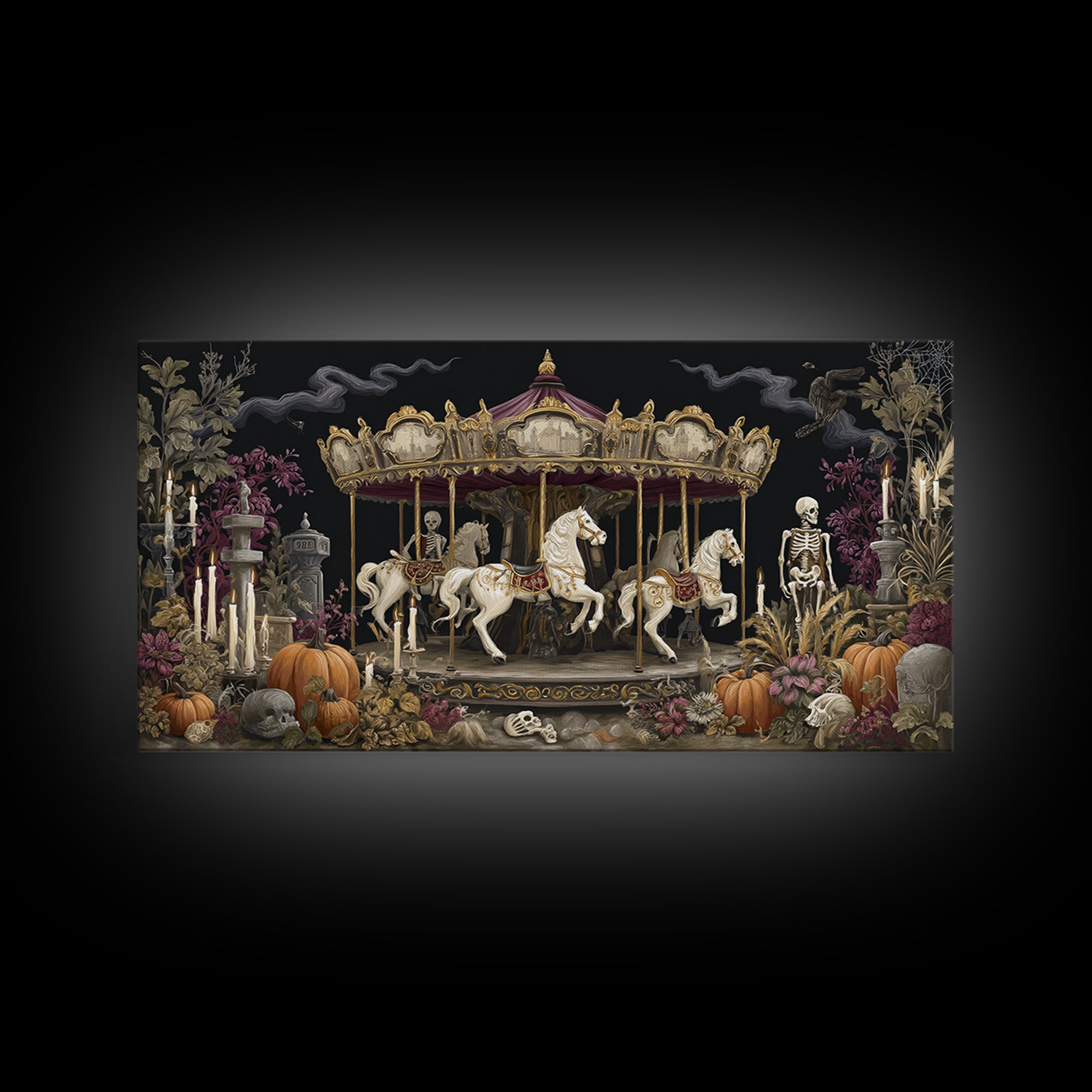 The Graveyard Carousel - Occult Still Life, Occult Wall Decor, Wide Panoramic Art, Canvas Print, Halloween Home Decor, Gothic Wall Art