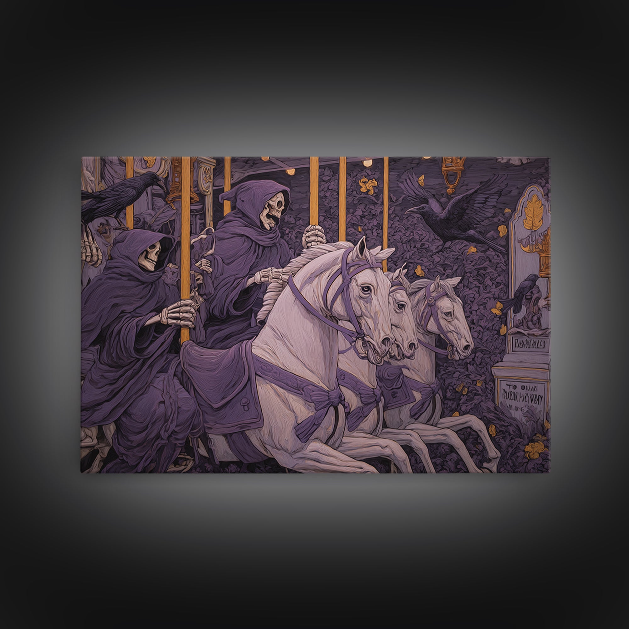 The Graveyard Carousel - Procession Scene, Macabre Halloween Art, Landscape Wall Art, Framed Canvas Print, Halloween Home Decor