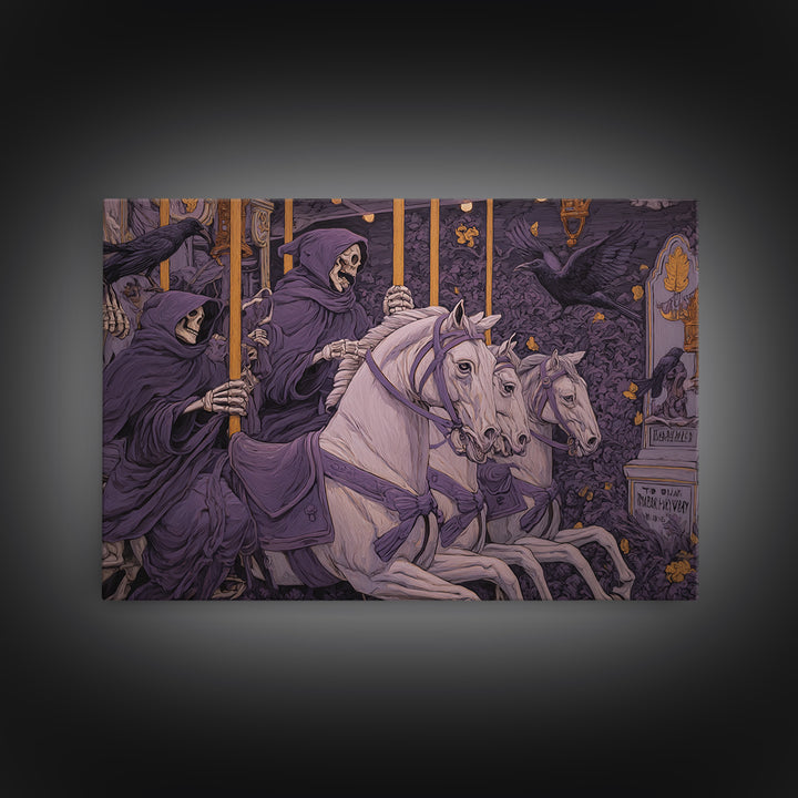 The Graveyard Carousel - Procession Scene, Macabre Halloween Art, Landscape Wall Art, Framed Canvas Print, Halloween Home Decor