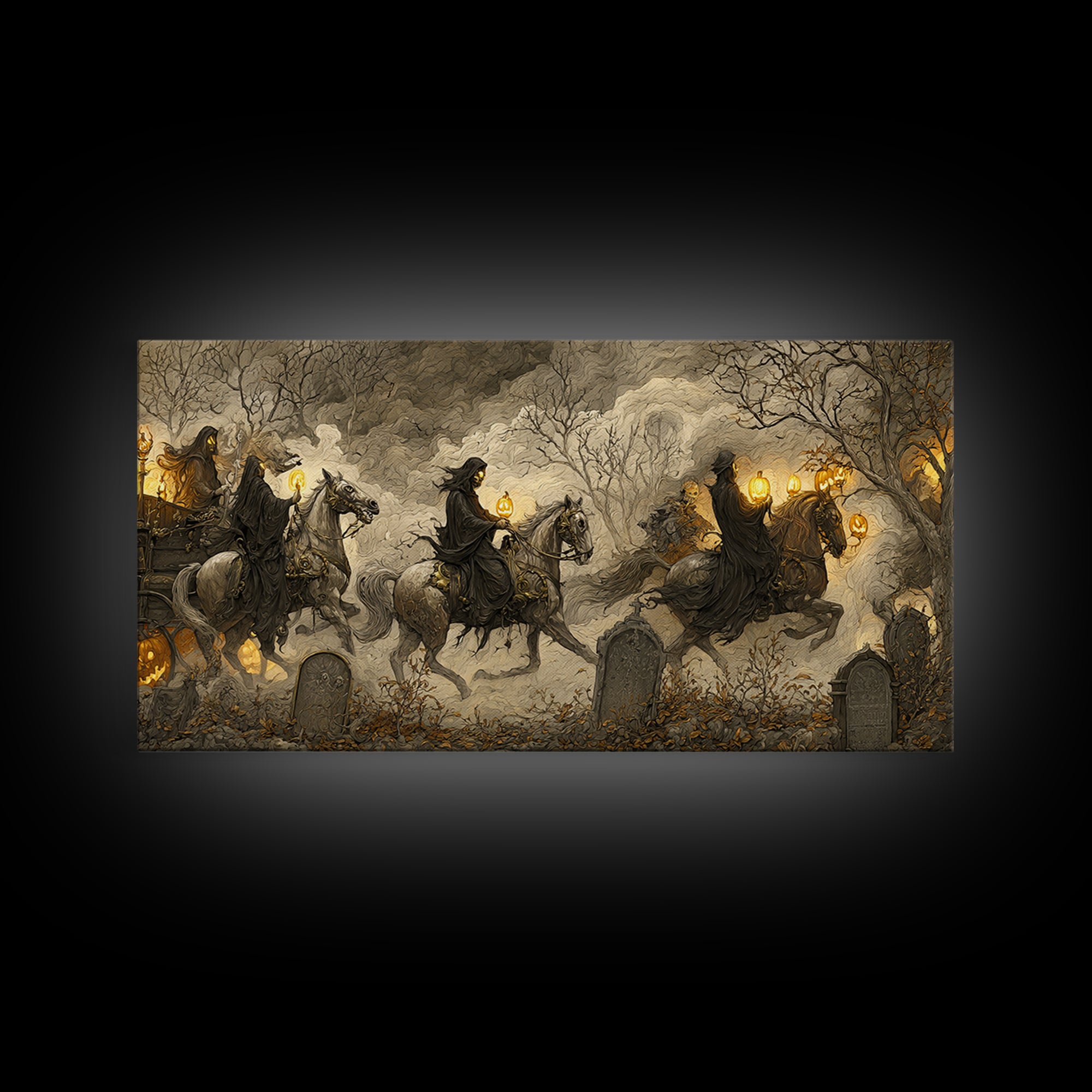 The Graveyard Carousel - Procession Scene, Halloween Wall Art, Wide Panoramic Art, Framed Canvas Print, Halloween Home Decor