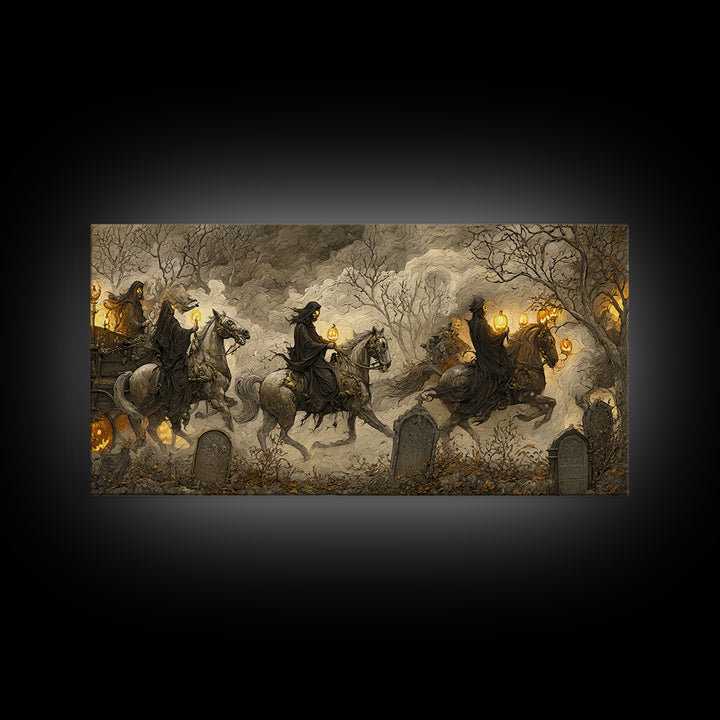 The Graveyard Carousel - Procession Scene, Halloween Wall Art, Wide Panoramic Art, Framed Canvas Print, Halloween Home Decor