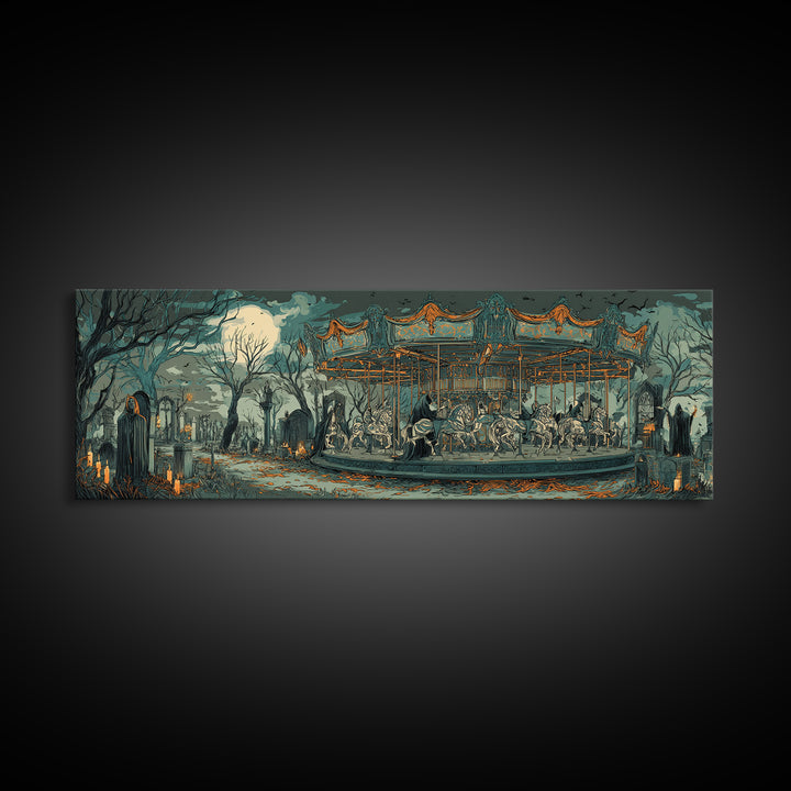 The Graveyard Carousel - Procession Scene, Halloween Wall Art, Extra Wide Wall Art, Framed Canvas Print, Halloween Home Decor