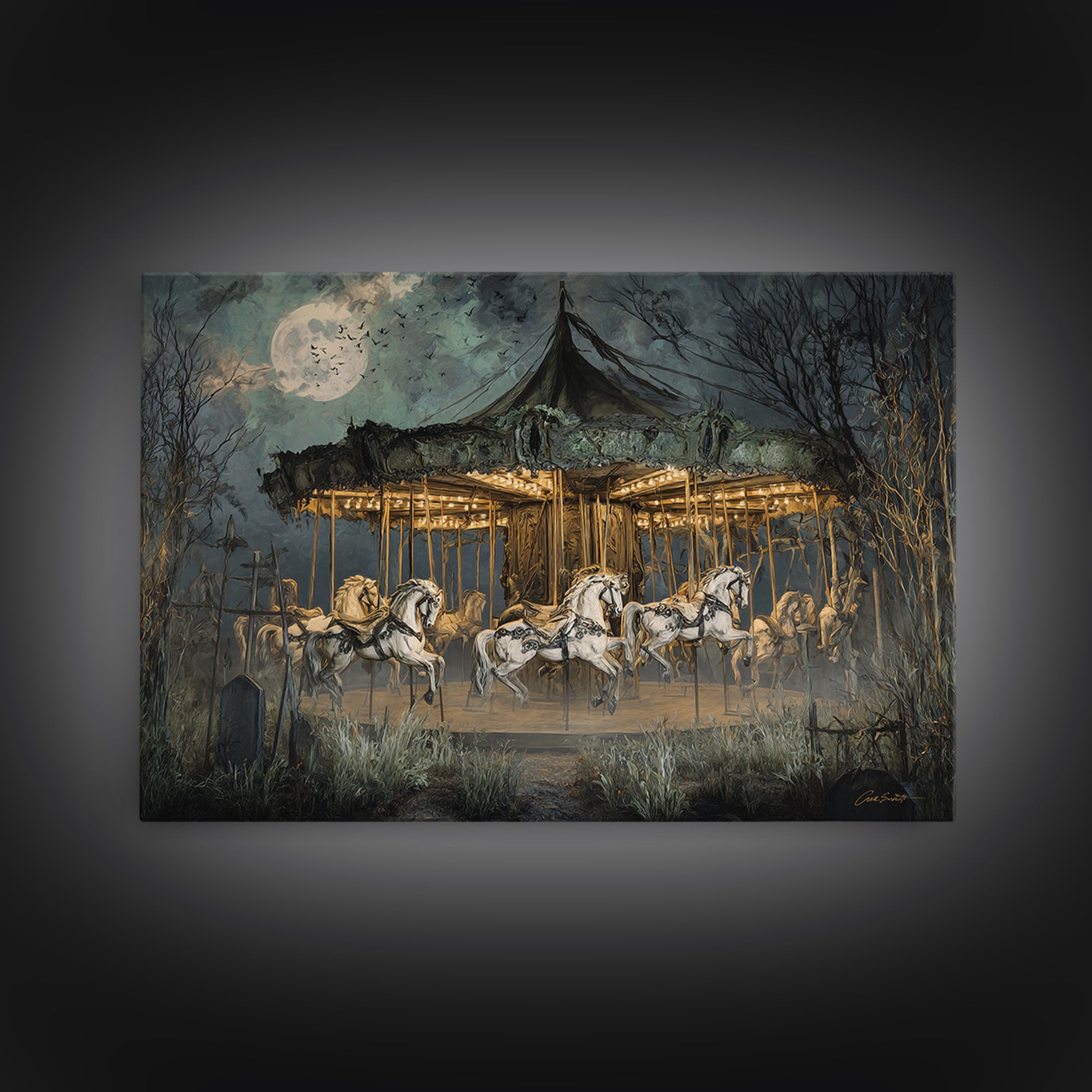The Graveyard Carousel - Surreal Celestial Vision, Spooky Wall Decor, Landscape Wall Art, Framed Canvas Print, Halloween Home Decor