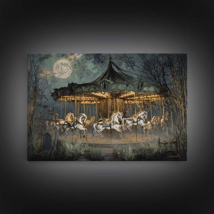 The Graveyard Carousel - Surreal Celestial Vision, Spooky Wall Decor, Landscape Wall Art, Framed Canvas Print, Halloween Home Decor