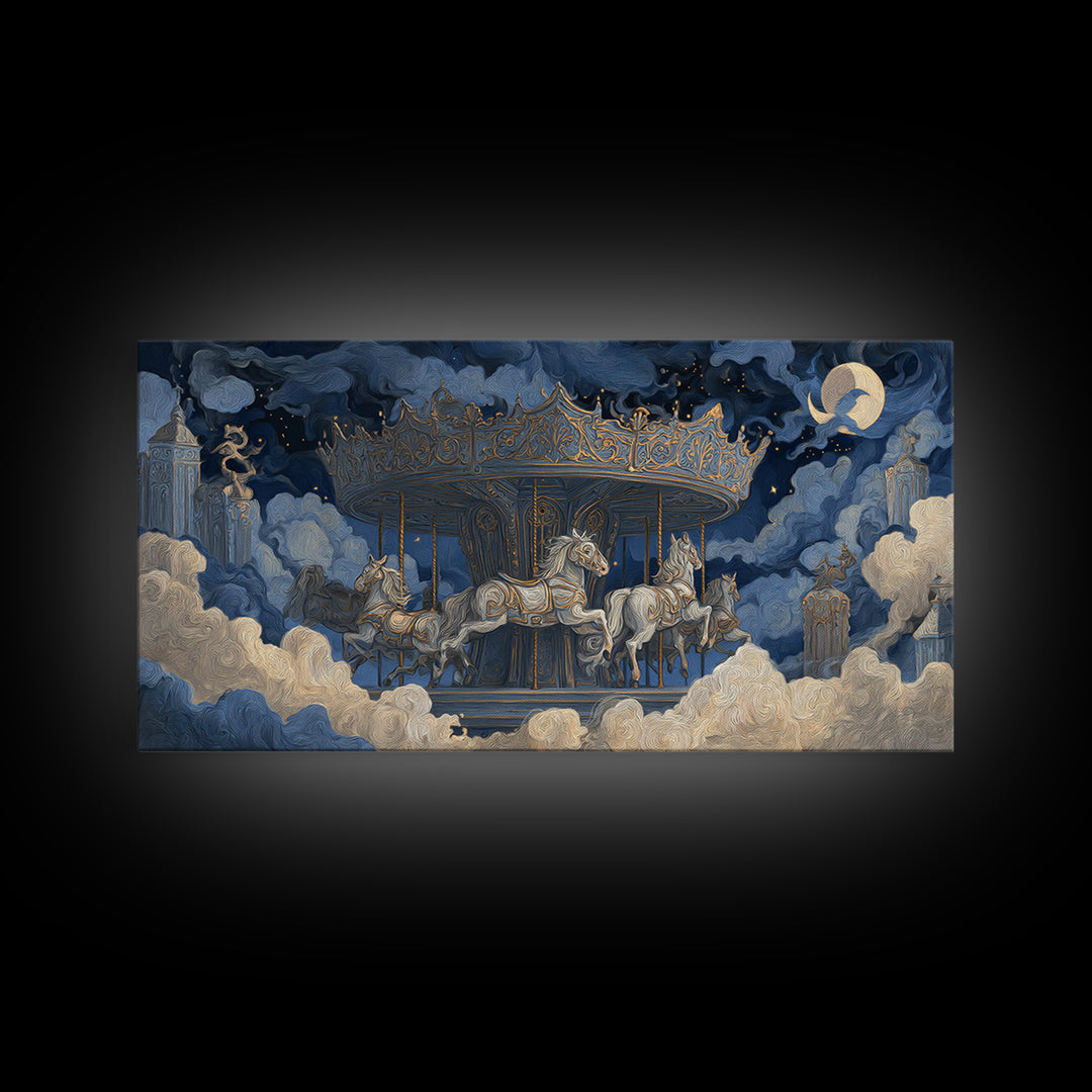 The Graveyard Carousel - Surreal Celestial Vision, Halloween Wall Art, Wide Panoramic Art, Framed Canvas Print, Halloween Home Decor