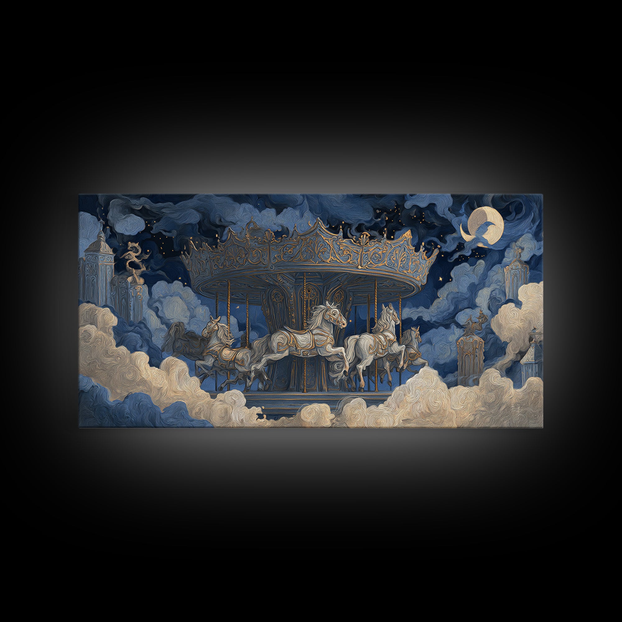 The Graveyard Carousel - Surreal Celestial Vision, Halloween Wall Art, Wide Panoramic Art, Framed Canvas Print, Halloween Home Decor