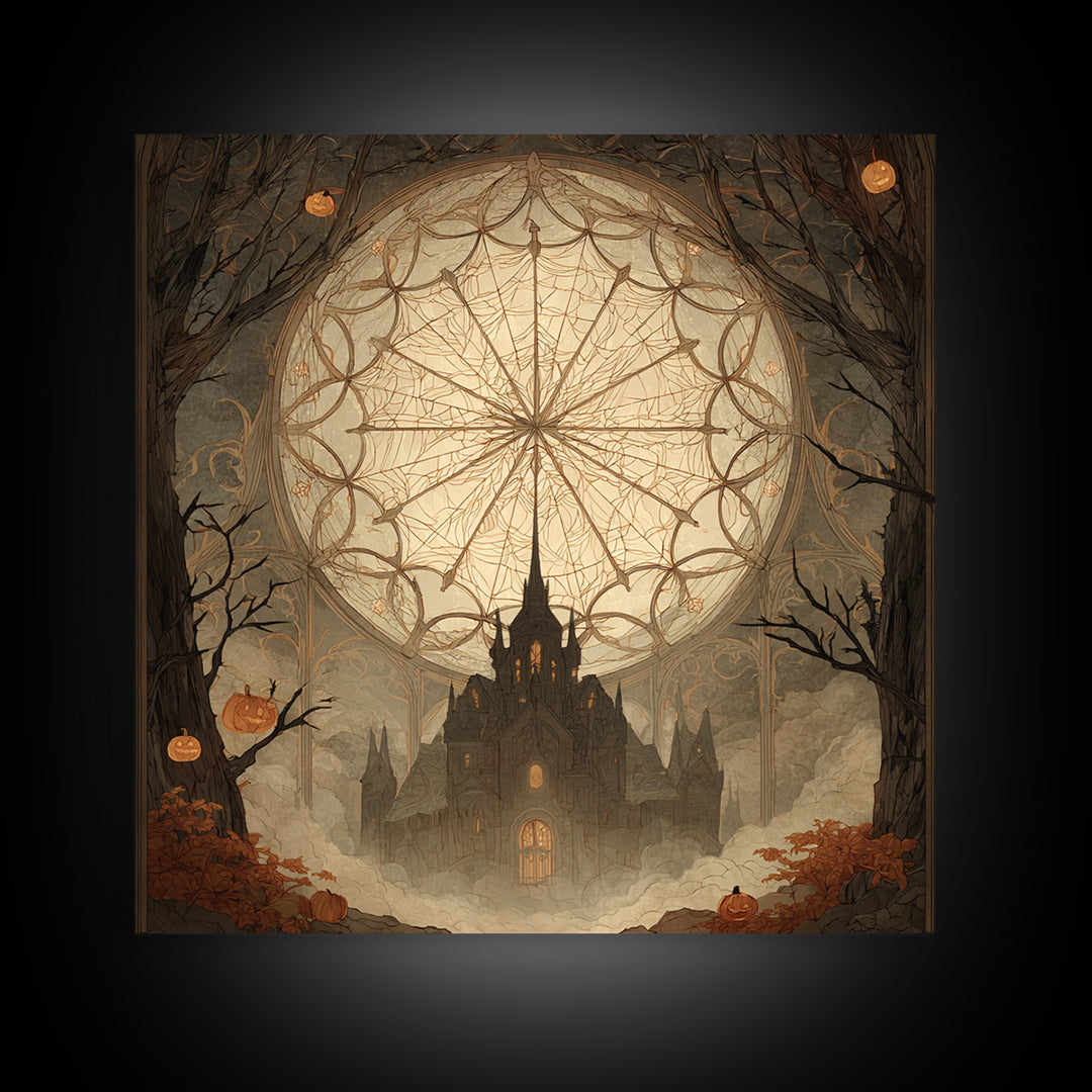 The Spiderweb Cathedral Window - Icon Portrait, Occult Wall Decor, Square Wall Art, Canvas Print, Halloween Home Decor, Gothic Wall Art