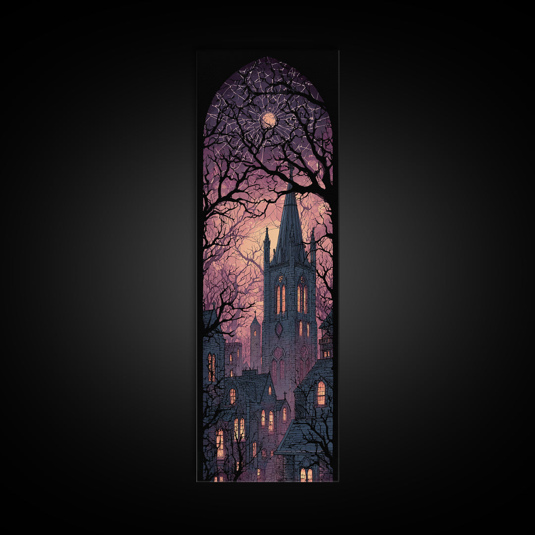 The Spiderweb Cathedral Window - Icon Portrait, Spooky Wall Decor, Tall Narrow Wall Art, Framed Canvas Print, Halloween Home Decor