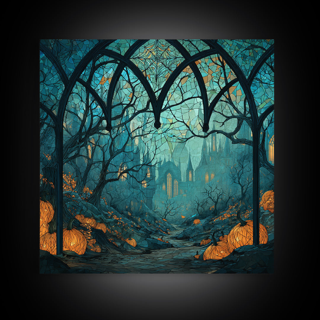 The Spiderweb Cathedral Window - Environmental Panorama, Halloween Wall Art, Square Wall Art, Framed Canvas Print, Halloween Home Decor