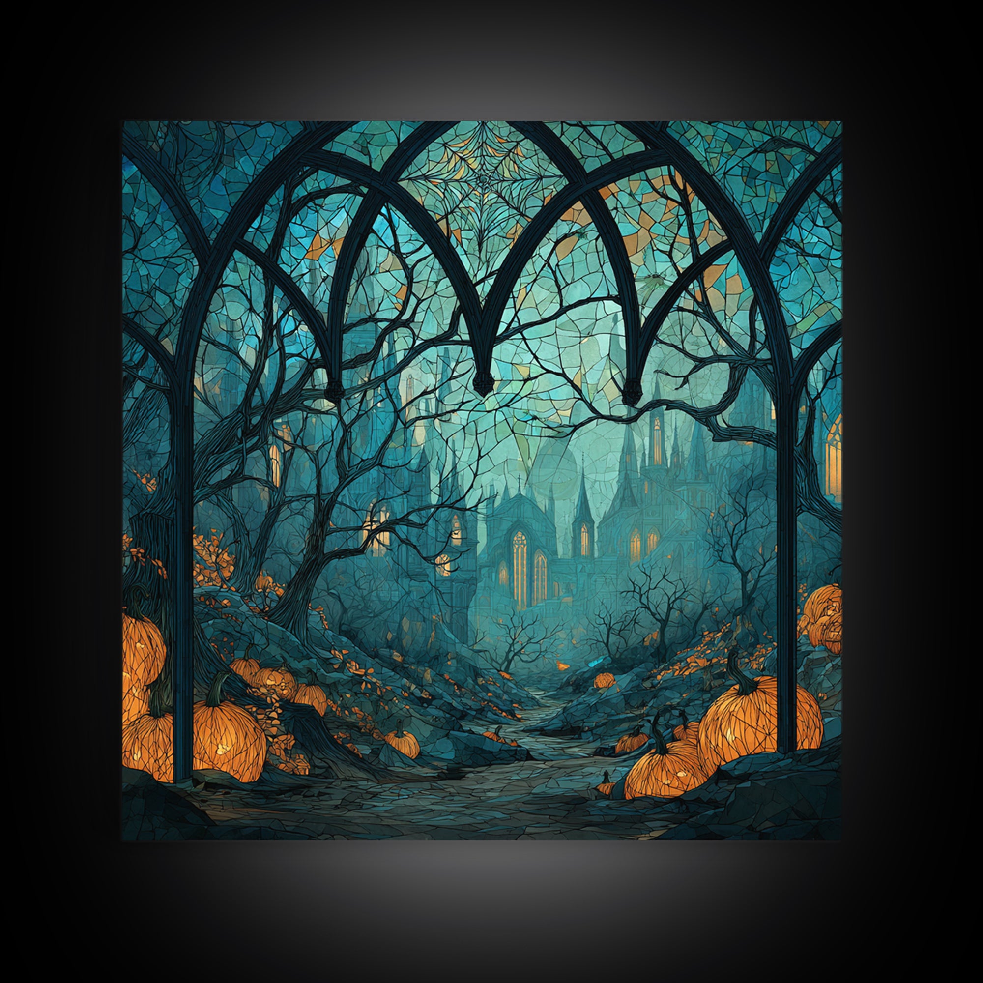 The Spiderweb Cathedral Window - Environmental Panorama, Halloween Wall Art, Square Wall Art, Framed Canvas Print, Halloween Home Decor