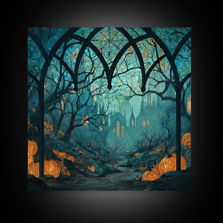 The Spiderweb Cathedral Window - Environmental Panorama, Halloween Wall Art, Square Wall Art, Framed Canvas Print, Halloween Home Decor
