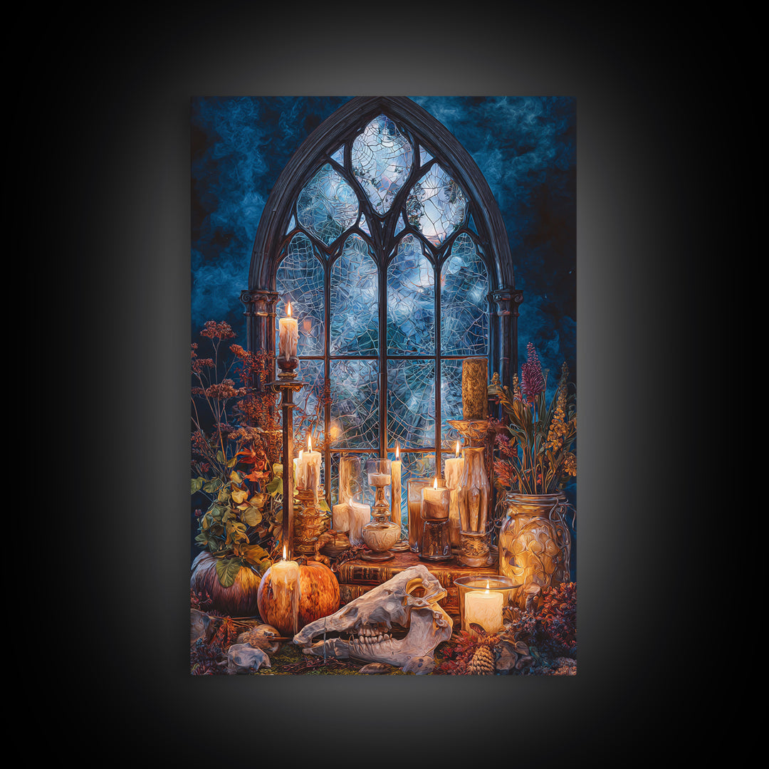 The Spiderweb Cathedral Window - Occult Still Life, Dark Fantasy Wall Art, Vertical Wall Art, Canvas Print, Halloween Home Decor