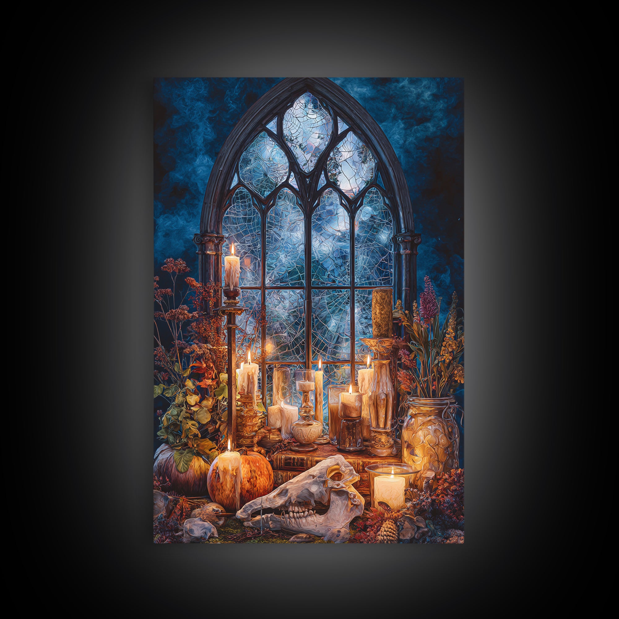 The Spiderweb Cathedral Window - Occult Still Life, Dark Fantasy Wall Art, Vertical Wall Art, Canvas Print, Halloween Home Decor