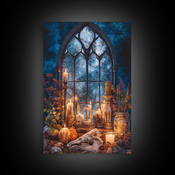 The Spiderweb Cathedral Window - Occult Still Life, Dark Fantasy Wall Art, Vertical Wall Art, Canvas Print, Halloween Home Decor