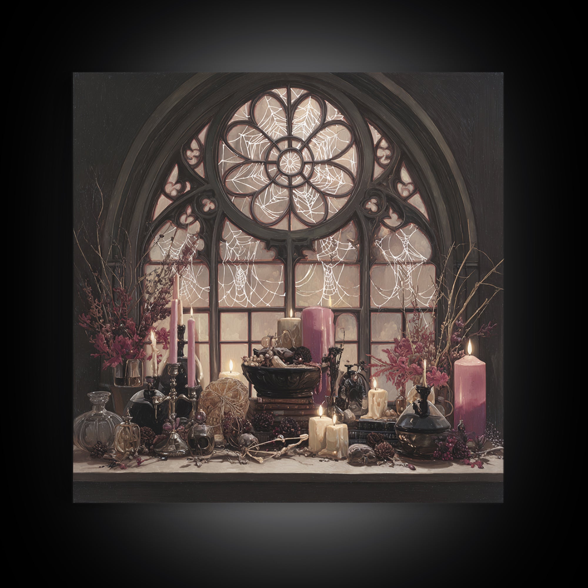 The Spiderweb Cathedral Window - Occult Still Life, Spooky Wall Decor, Square Wall Art, Framed Canvas Print, Halloween Home Decor