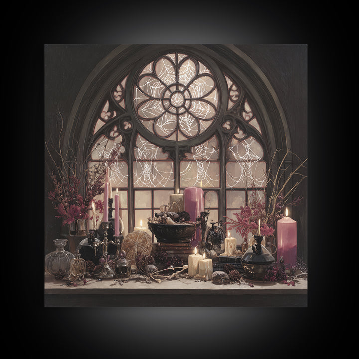 The Spiderweb Cathedral Window - Occult Still Life, Spooky Wall Decor, Square Wall Art, Framed Canvas Print, Halloween Home Decor