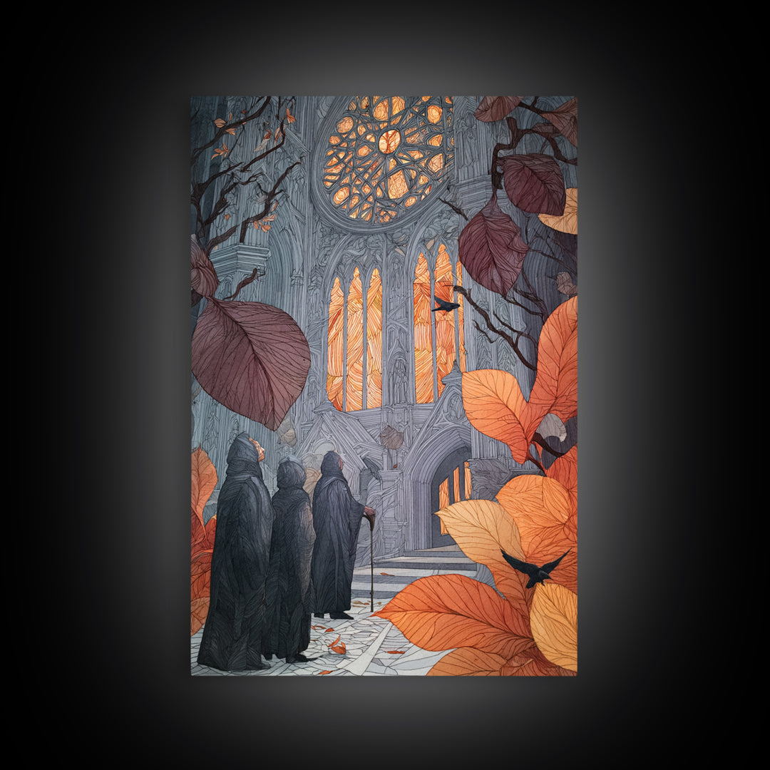 The Spiderweb Cathedral Window - Procession Scene, Halloween Wall Art, Vertical Wall Art, Framed Canvas Print, Halloween Home Decor
