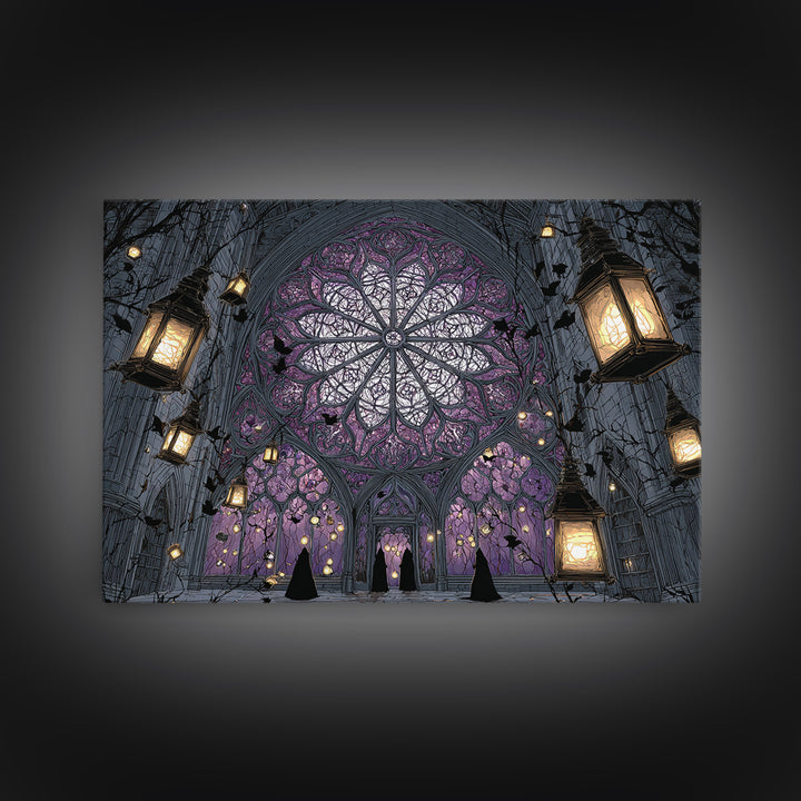 The Spiderweb Cathedral Window - Procession Scene, Occult Wall Decor, Landscape Wall Art, Canvas Print, Halloween Home Decor