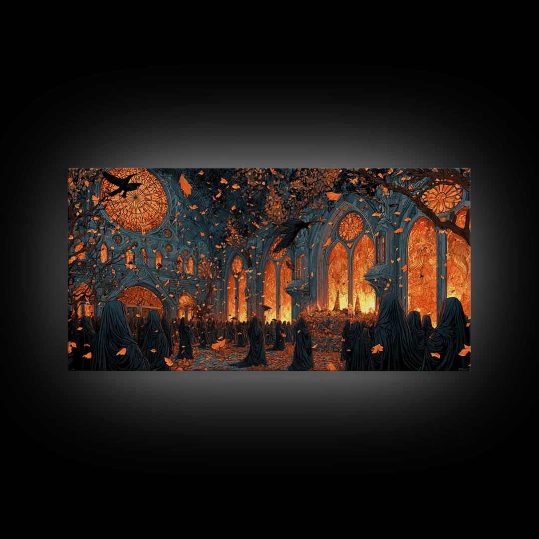 The Spiderweb Cathedral Window - Procession Scene, Occult Wall Decor, Wide Panoramic Art, Canvas Print, Halloween Home Decor