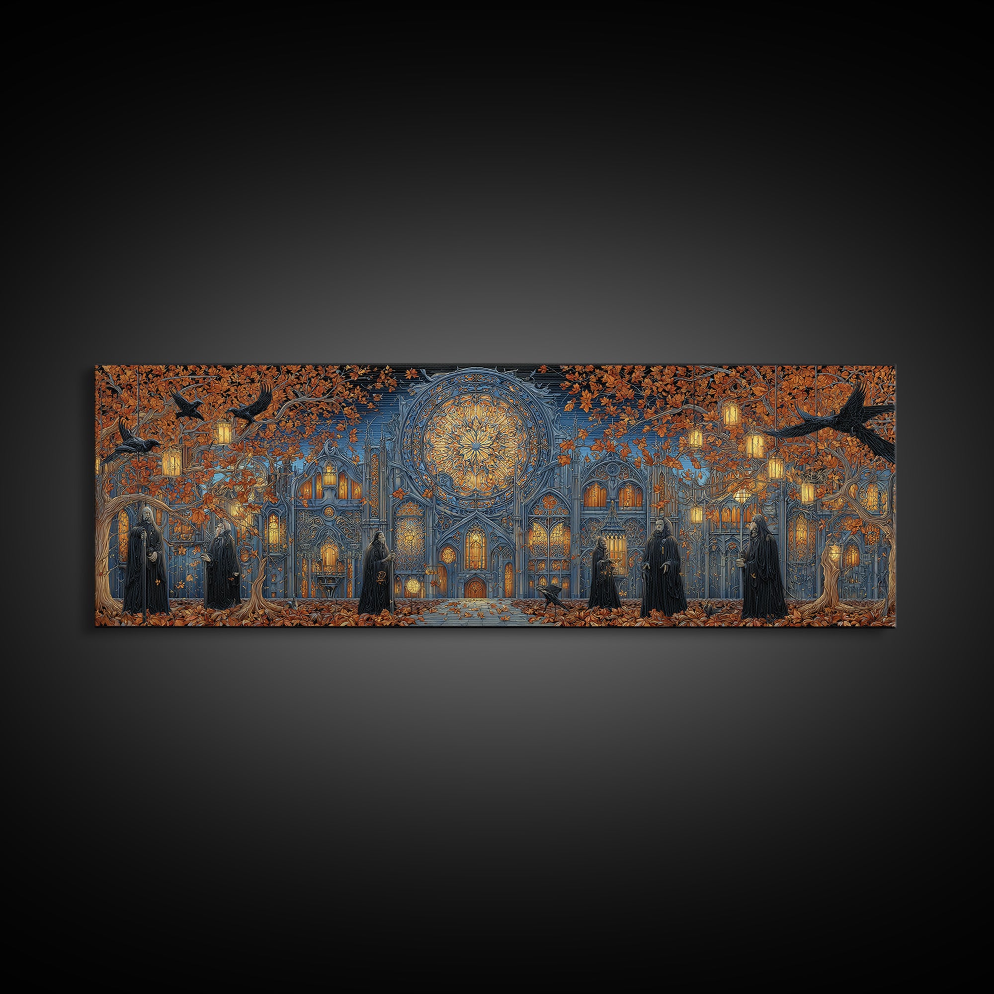The Spiderweb Cathedral Window - Procession Scene, Occult Wall Decor, Extra Wide Wall Art, Canvas Print, Halloween Home Decor