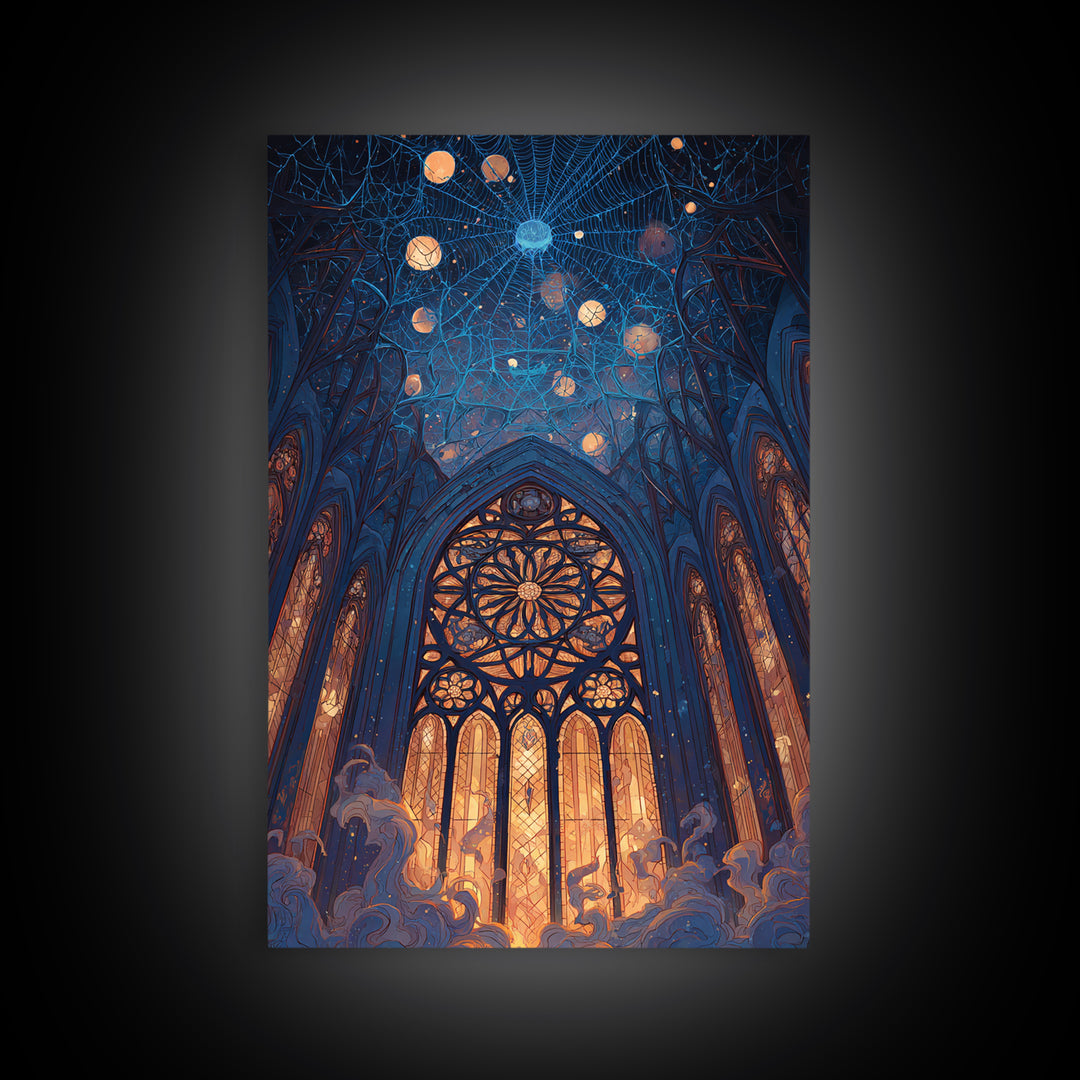The Spiderweb Cathedral Window - Surreal Celestial Vision, Gothic Home Decor, Vertical Wall Art, Canvas Print, Halloween Home Decor