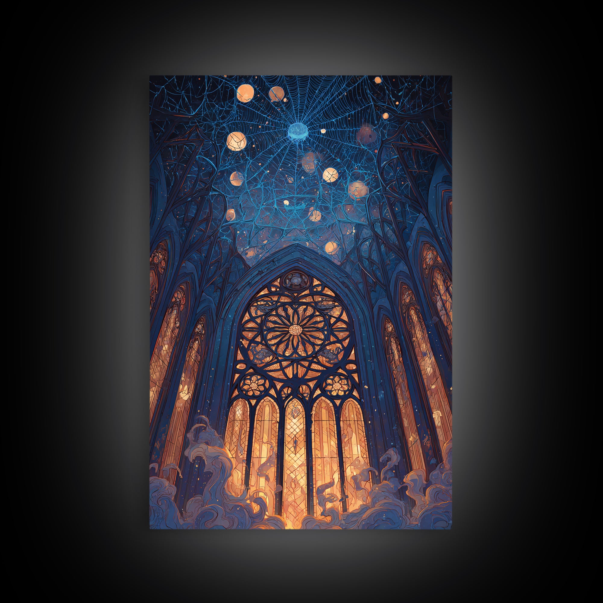 The Spiderweb Cathedral Window - Surreal Celestial Vision, Gothic Home Decor, Vertical Wall Art, Canvas Print, Halloween Home Decor