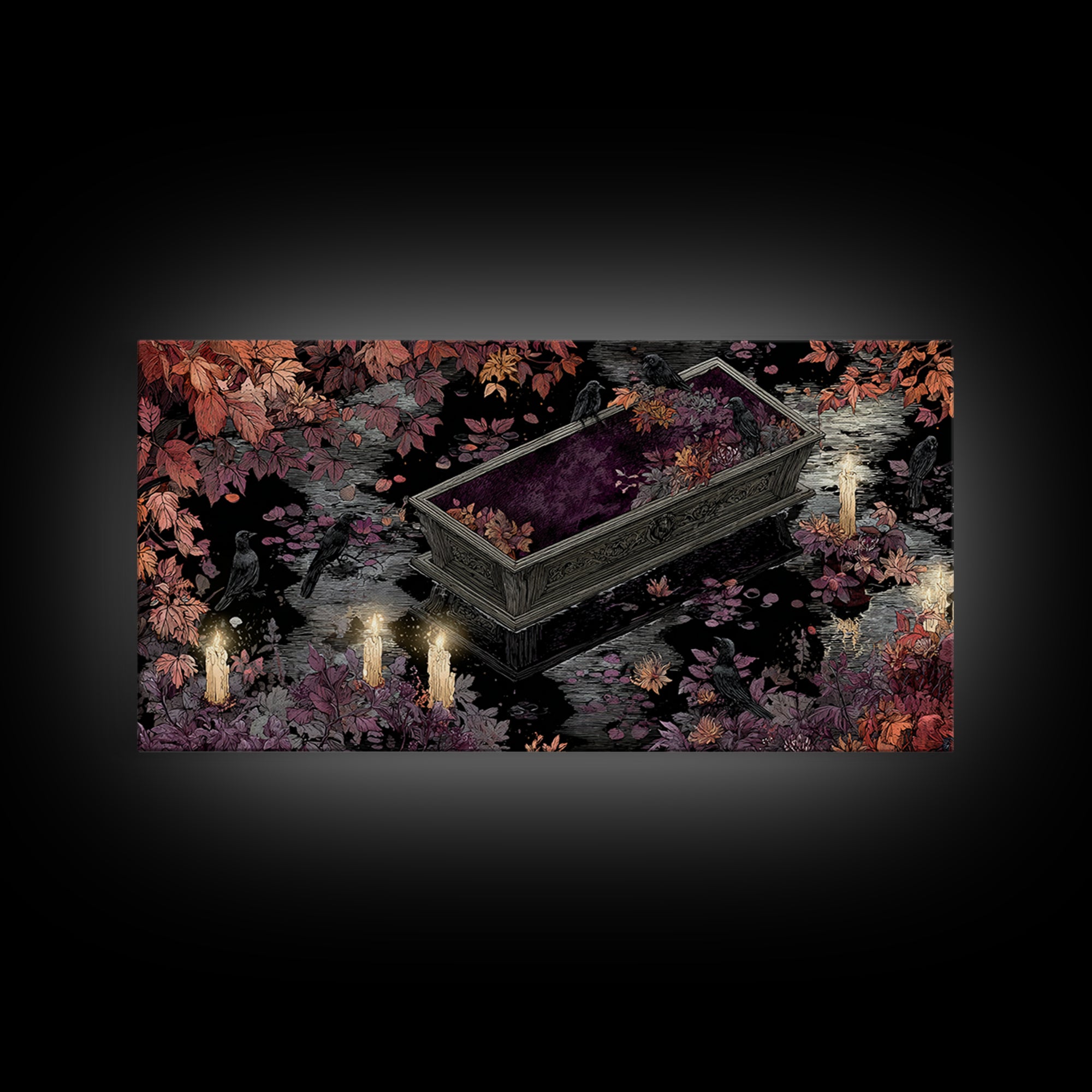 The Floating Coffin Garden - Icon Portrait, Halloween Wall Art, Wide Panoramic Art, Framed Canvas Print, Halloween Home Decor