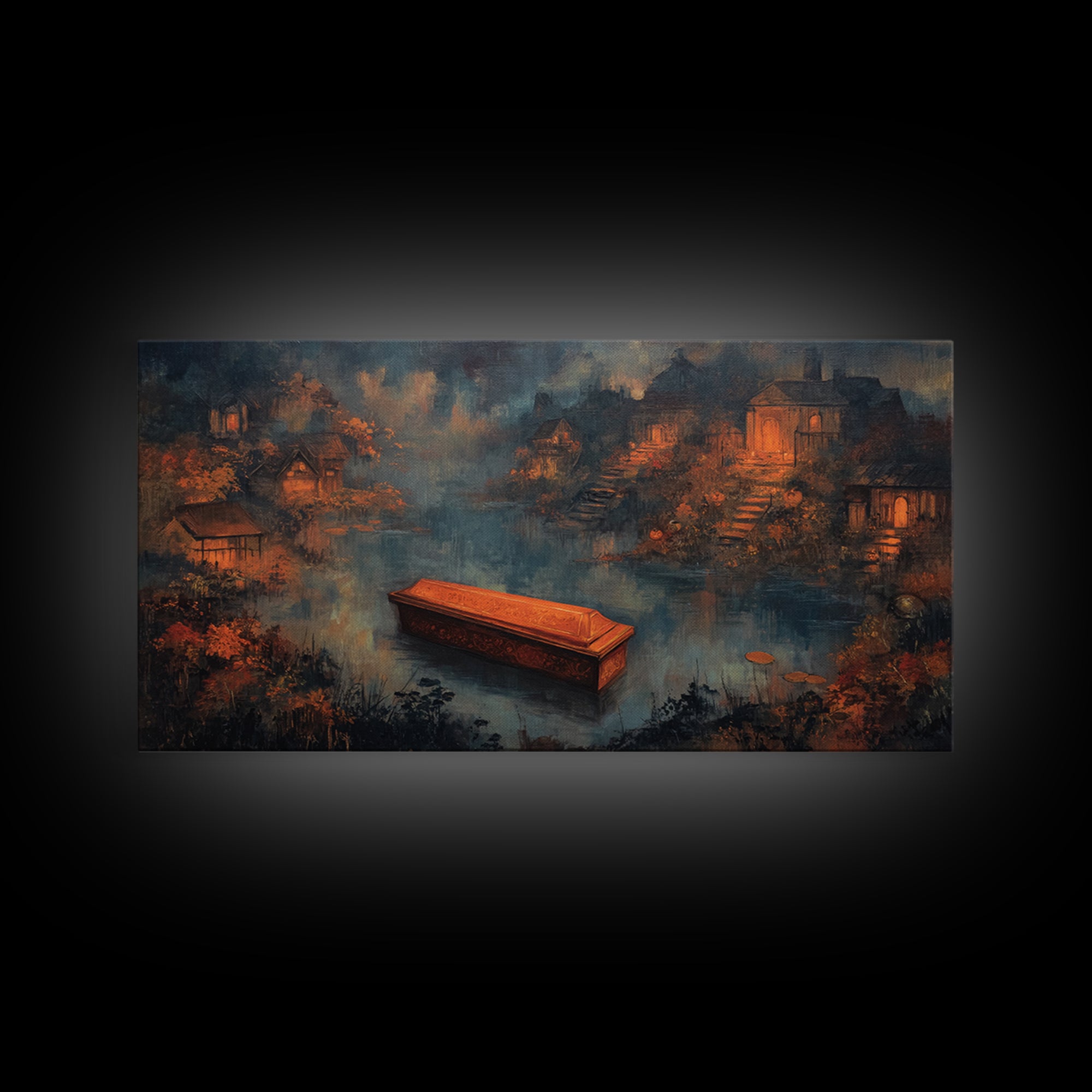 The Floating Coffin Garden - Environmental Panorama, Occult Wall Decor, Wide Panoramic Art, Canvas Print, Halloween Home Decor