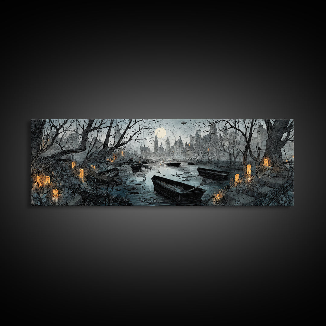 The Floating Coffin Garden - Environmental Panorama, Dark Fantasy Wall Art, Extra Wide Wall Art, Canvas Print, Halloween Home Decor