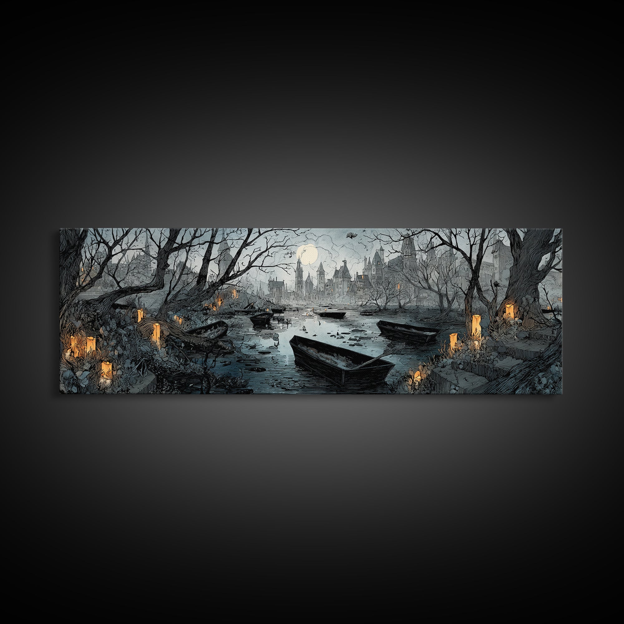 The Floating Coffin Garden - Environmental Panorama, Dark Fantasy Wall Art, Extra Wide Wall Art, Canvas Print, Halloween Home Decor