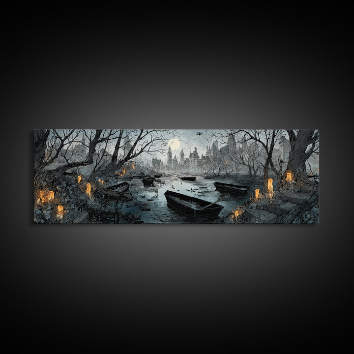 The Floating Coffin Garden - Environmental Panorama, Dark Fantasy Wall Art, Extra Wide Wall Art, Canvas Print, Halloween Home Decor