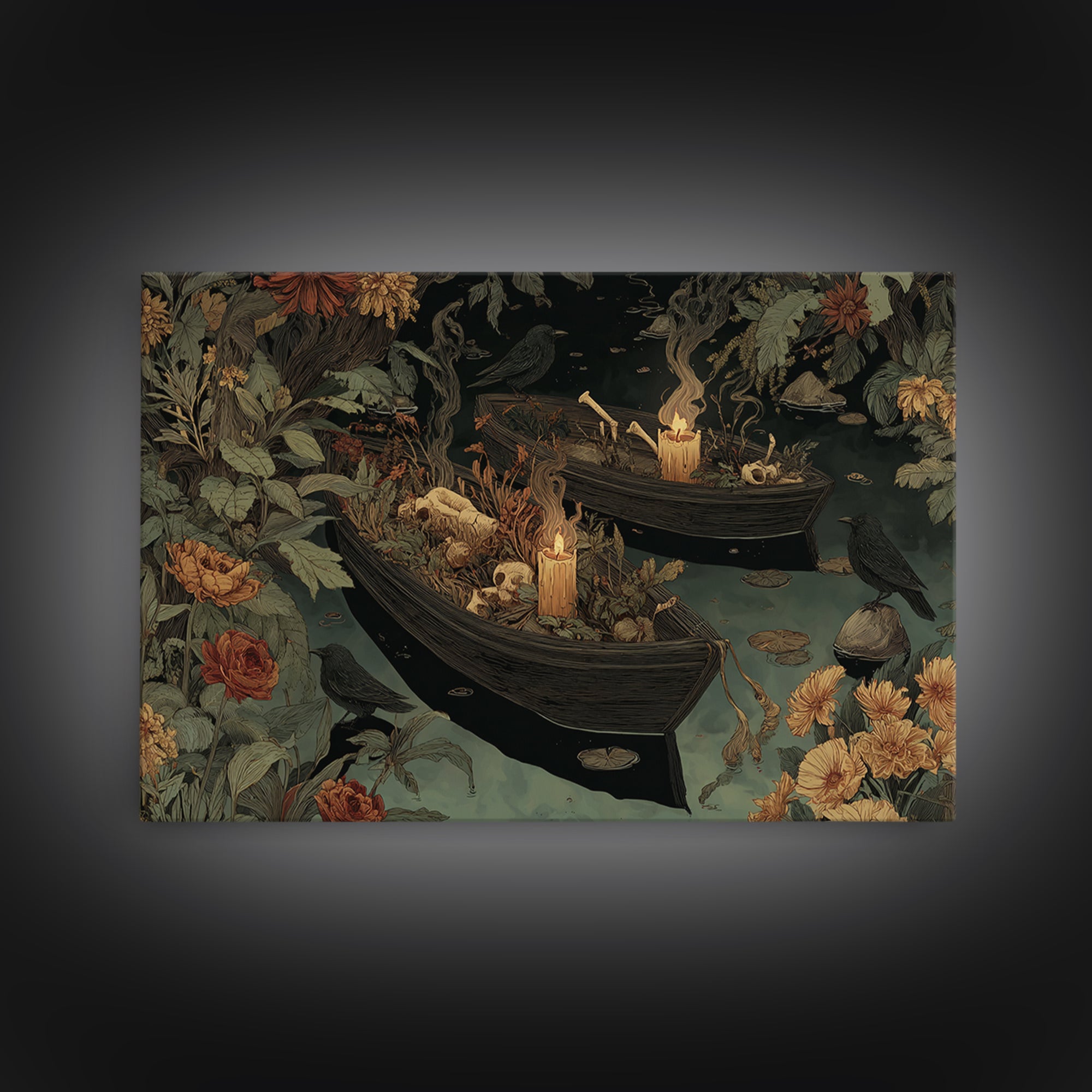 The Floating Coffin Garden - Occult Still Life, Spooky Wall Decor, Landscape Wall Art, Framed Canvas Print, Halloween Home Decor