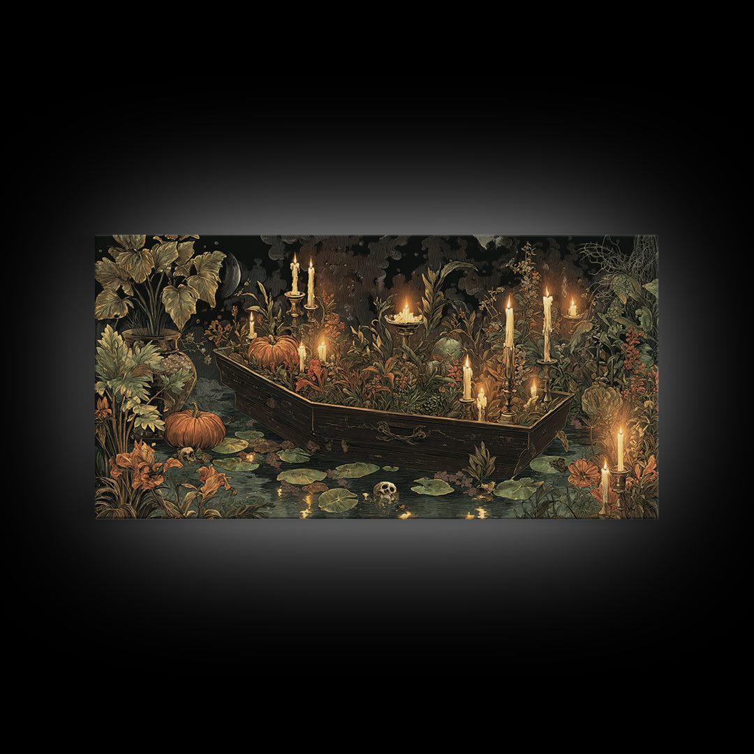 The Floating Coffin Garden - Occult Still Life, Spooky Wall Decor, Wide Panoramic Art, Framed Canvas Print, Halloween Home Decor