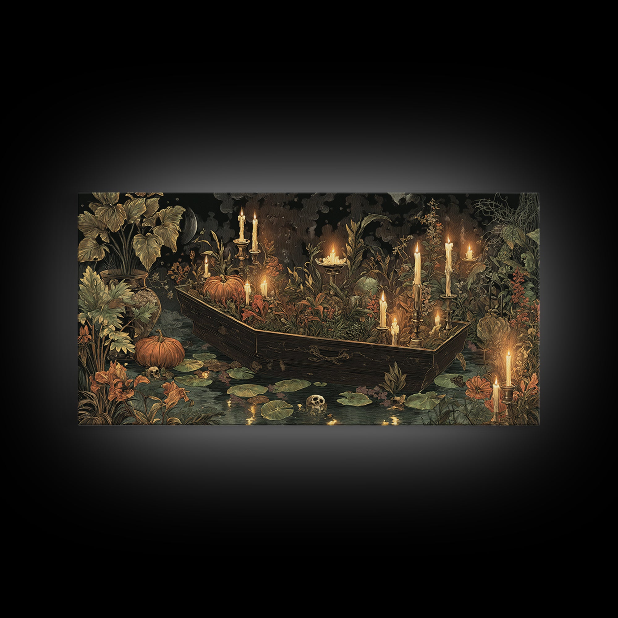 The Floating Coffin Garden - Occult Still Life, Spooky Wall Decor, Wide Panoramic Art, Framed Canvas Print, Halloween Home Decor