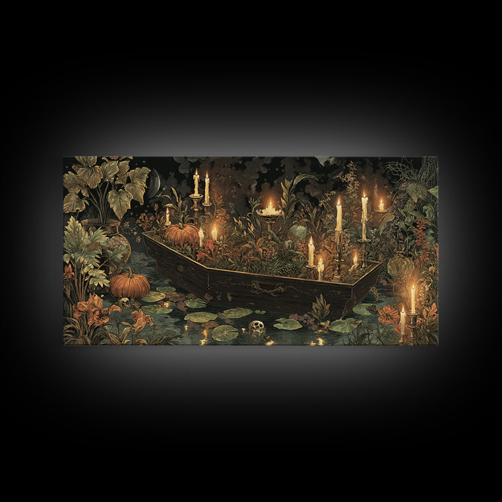 The Floating Coffin Garden - Occult Still Life, Spooky Wall Decor, Wide Panoramic Art, Framed Canvas Print, Halloween Home Decor