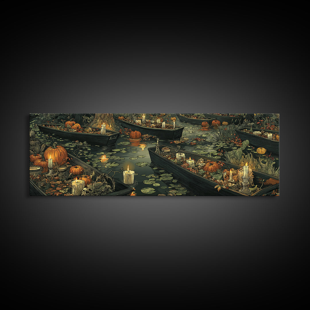 The Floating Coffin Garden - Occult Still Life, Spooky Wall Decor, Extra Wide Wall Art, Framed Canvas Print, Halloween Home Decor